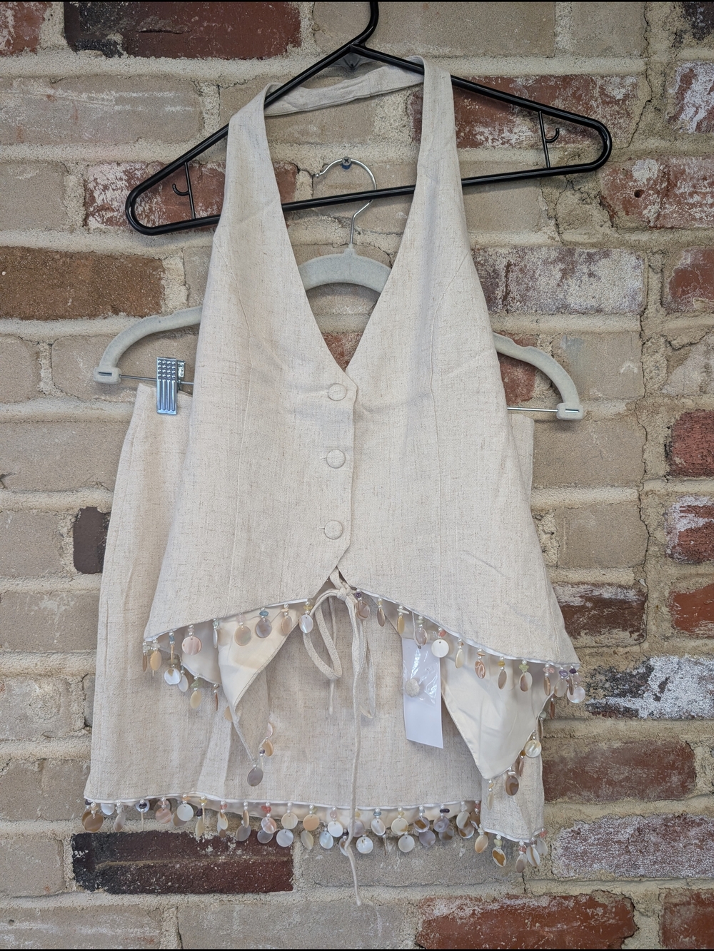 Beige Linen Halter Vest with Coin Fringe